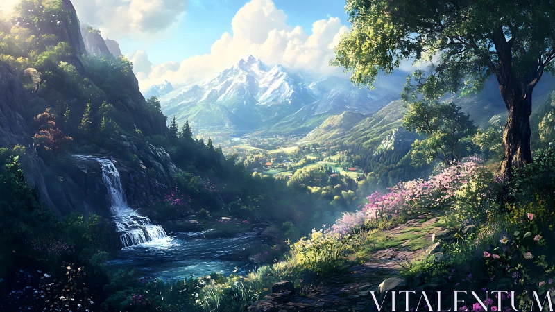 Luminous alpine valley with waterfall, wildflowers, and peaks.