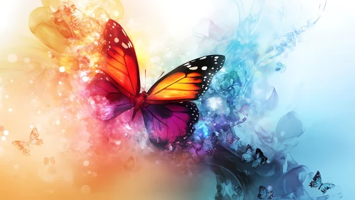 Vibrant monarch-style butterfly amid bokeh nebula gradient