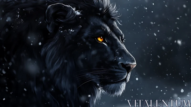 Nocturnal black lion profile in high-contrast digital snowstorm.