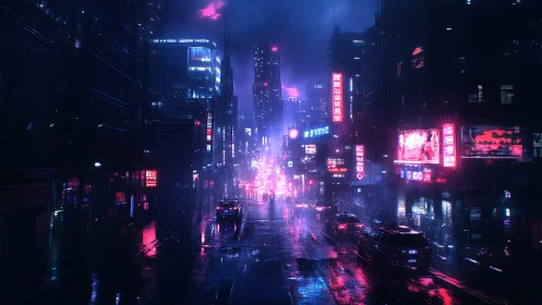 Neon rainstorm carving electric rivers through cyber city streets.