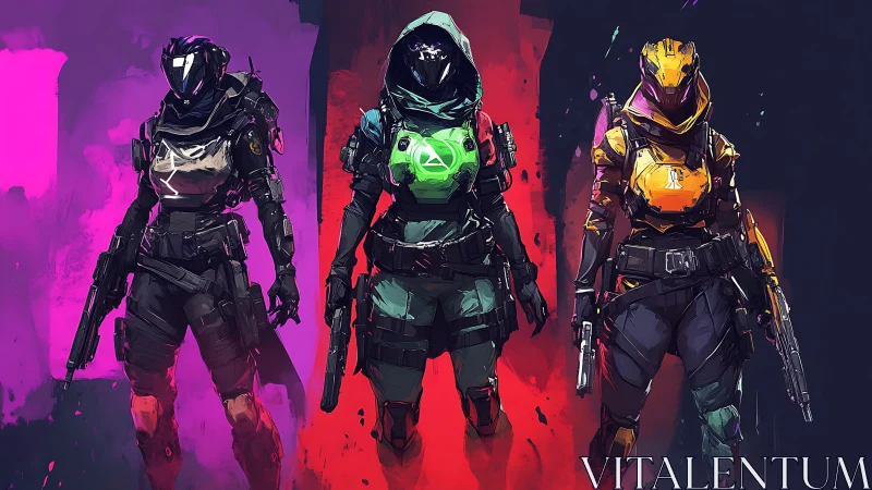 Trio of neon-armored sci fi warriors stand in bold color fields