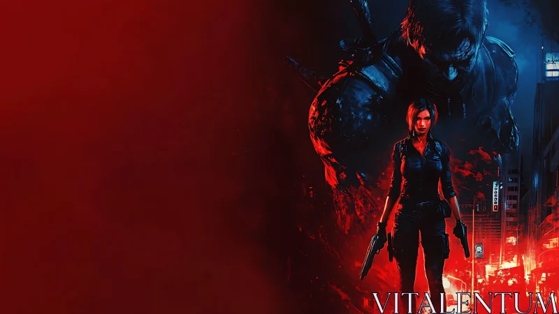 Armed female fighter in red blue urban battlefield scene.