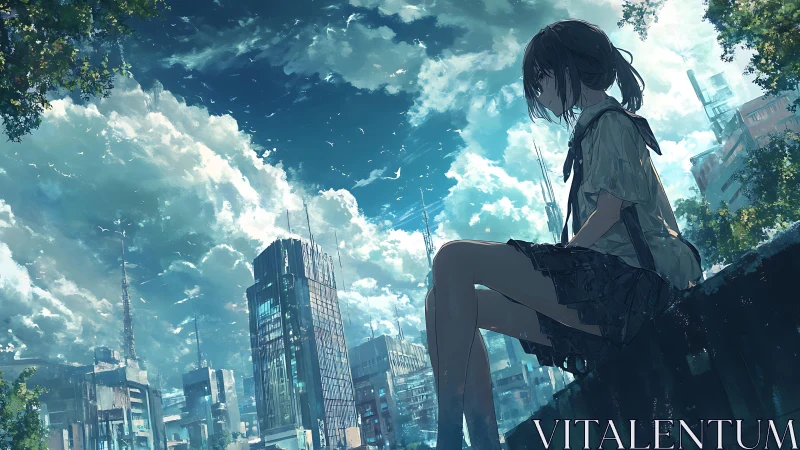 Solitary student silhouette overlooks dense urban skyline at dusk