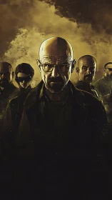 Bald intense man in glasses leads dark group portrait