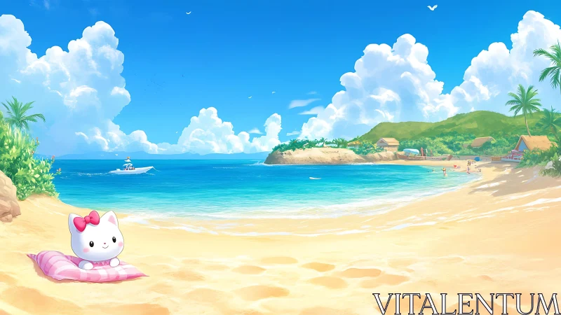 Tropical Beach Paradise with Kawaii Character at Sunrise.