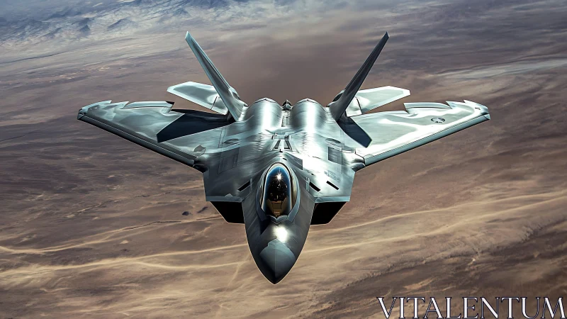 Photoreal jet fighter in dynamic frontal aerial perspective.