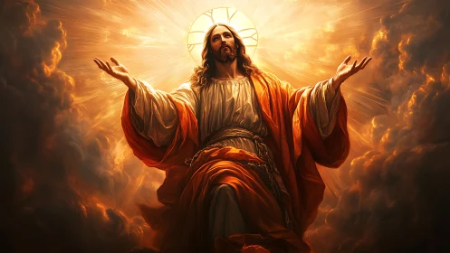 Radiant spiritual figure rises in glowing golden heavens