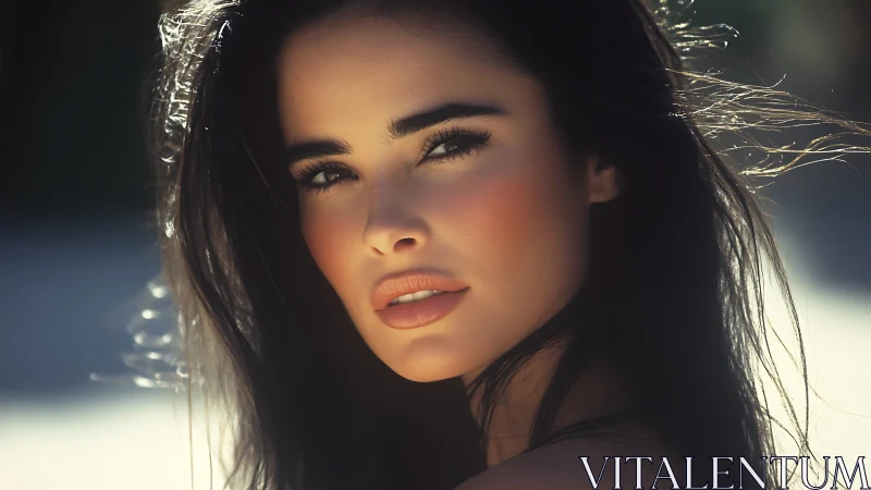 Sunlit gaze and windswept hair in cinematic close portrait.