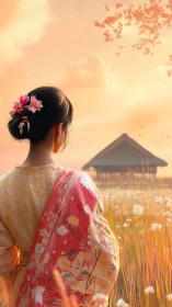 Backlit floral sari figure in atmospheric sunset meadowscape.
