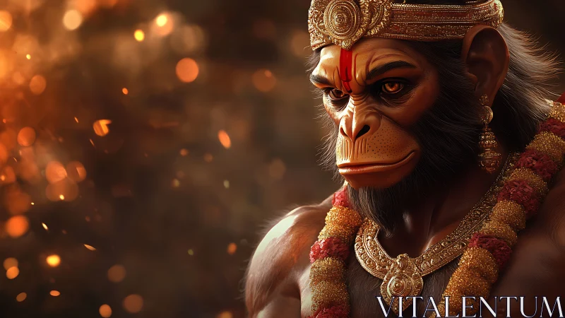 Ember-lit monkey warrior crowned in divine gold regalia.