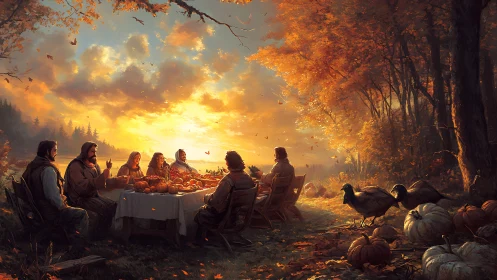Group sits at outdoor autumn table under low sunset sky