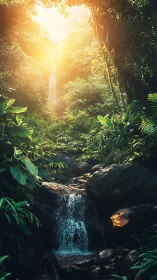 Jungle Waterfall Canyon Under Golden Canopy Lighting.