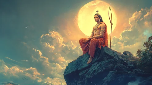 Divine archer figure on rocky peak before glowing full moon.