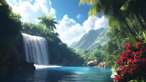 3D tropical waterfall cove with lush botanical composition.