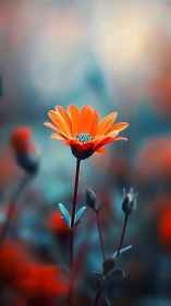 Digital painting of orange wildflower in soft bokeh field.