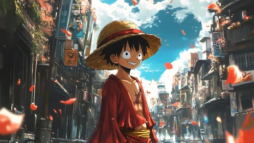 Straw-hatted anime youth in narrow urban street scene.
