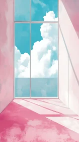 Sunlit pastel room framing towering cotton clouds outside.