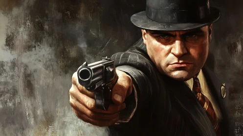 Gritty oil portrait of 1930s mobster aiming revolver at viewer