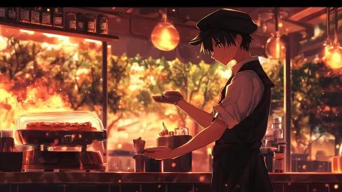 Young café vendor serves snacks at warm sunset stall.