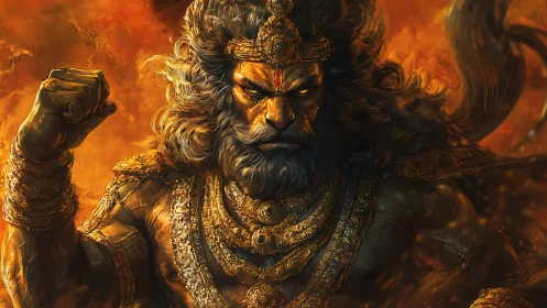 Lion‑visaged war god blazes in molten storm of divinity.