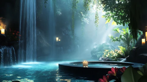 Tranquil jungle pool with waterfalls and candles.