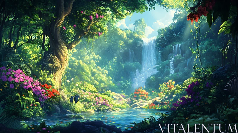 Lush tropical waterfall valley glows under filtered sunlight