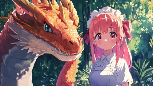 Humanlike maid and dragon in sunlit forest clearing scene.