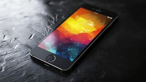 Smartphone displays vibrant gradient wallpaper with geometric light effects.