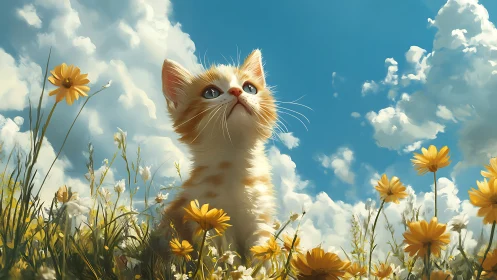 Feline among flowering flora against sky backdrop.
