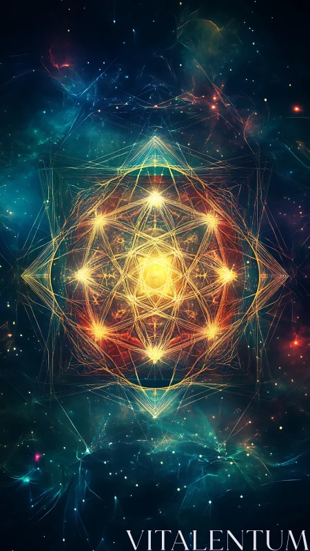Sacred geometric light matrix suspended in deep cosmic nebula
