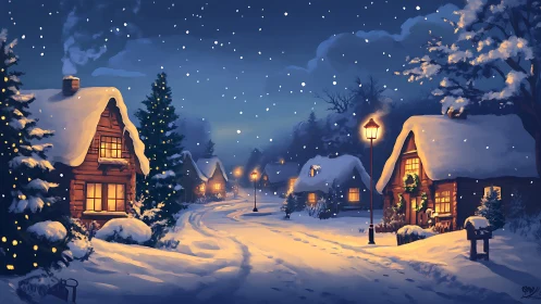 Snowlit cottage lane glows with winter hearthlight magic.