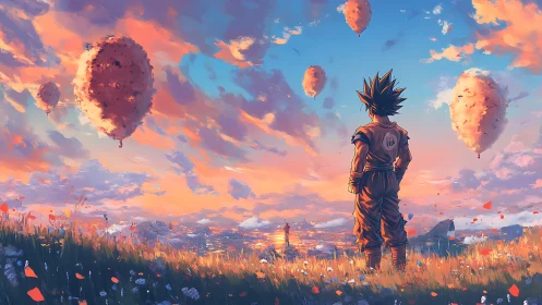 'Saiyan at sunset' overlooking drifting sky islands panorama.