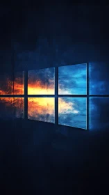 Digital painting of split sunset window with mirrored glow.