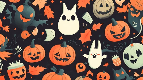 Playful Halloween pumpkins, ghosts, and bats pattern design.