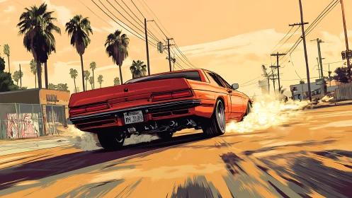 Muscle car drifts through a sunlit palm-lined city street.