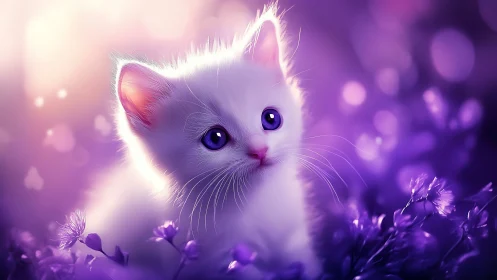 Luminescent White Kitten in Purple Floral Garden Setting.