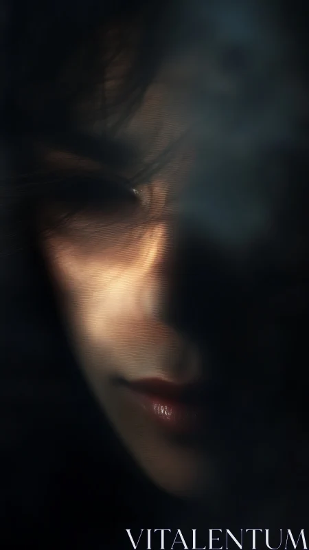 Soft shadows reveal a quiet, mysterious face in the dark