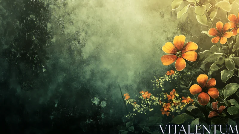 Orange Flowers in Misty Green Garden Setting Rendered Digitally