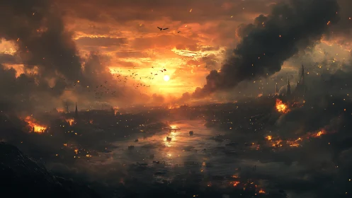 Apocalyptic Cityscape Engulfed in Flames and Smoke