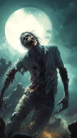 Zombie silhouette advancing under large full moon.