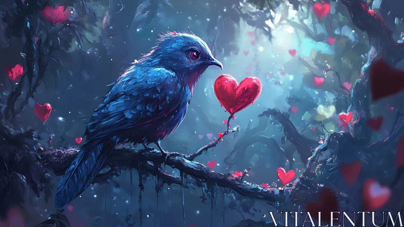 Blue bird perched on branch with red heart-shaped objects in surreal forest setting