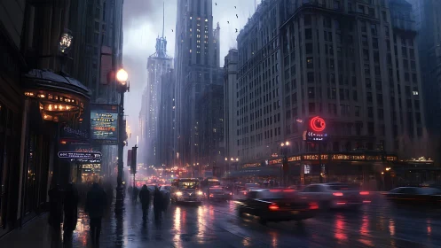 Rainy night traffic in dense urban downtown street scene.