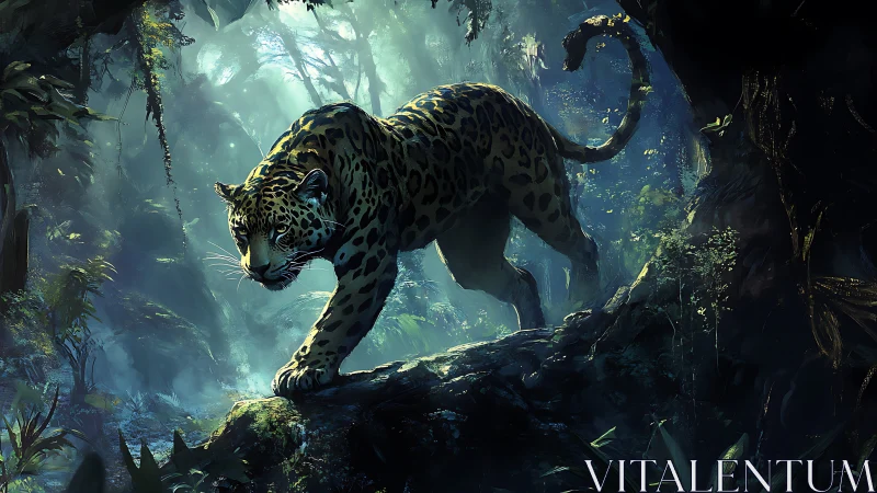 Leopard stalks through misty jungle with ancient ruins