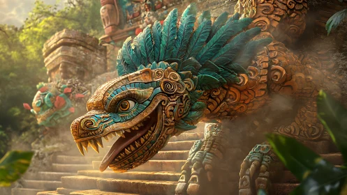 Feathered serpent stone sculpture occupies stepped temple