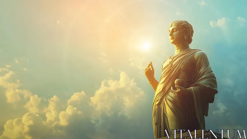 Sunlit classical statue rises above glowing pastel clouds