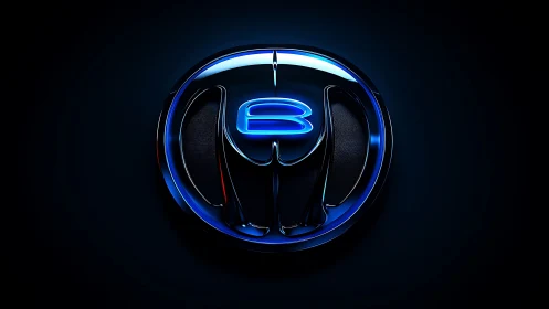 Chromed circular emblem with neon blue monogram illumination.