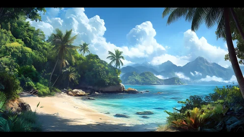 Tropical coastline with island mountains and turquoise water.