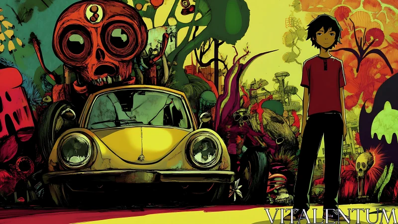 Teen figure beside yellow car in surreal urban landscape.