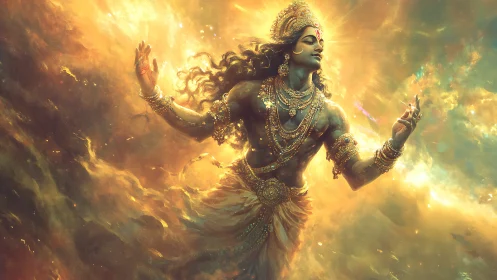 Celestial blue-skinned deity in radiant golden nebula dance