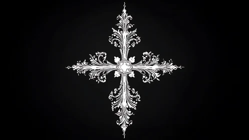 Ornate white baroque cross rendered on deep black ground